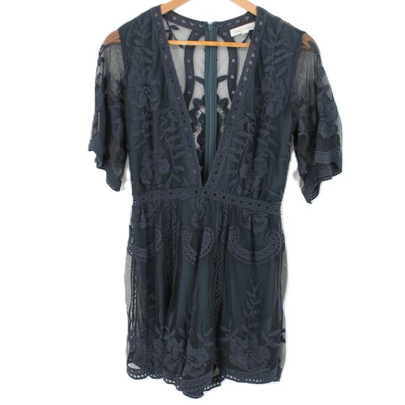Honey Punch Navy Blue Sheer Mesh Lace Romper Fairy Grunge Ethereal Boho Size S - Picture 1 of 12